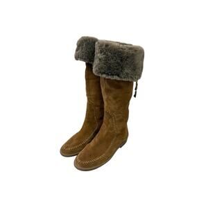 Woman’s Suede Leather Tan Jack Rogers Tall Moccasin Boots Faux Fur 9.5 M